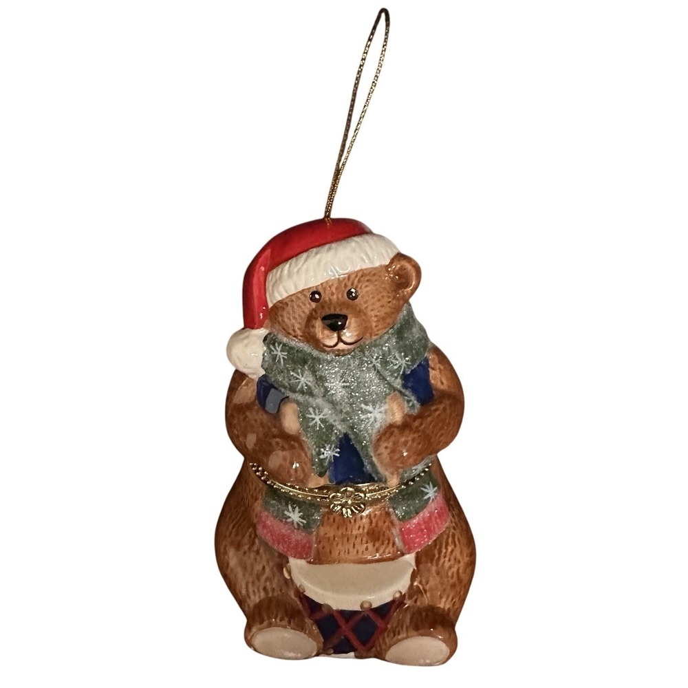 Mr. Christmas Holiday Teddy Bear Drum Trinket Music‎ Box Ceramic Ornament